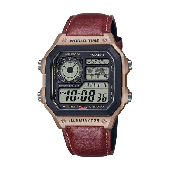 Reloj Casio AE-1200WHL-5AV World Time digital para hombre con correa de cuero marrón y caja color bronce