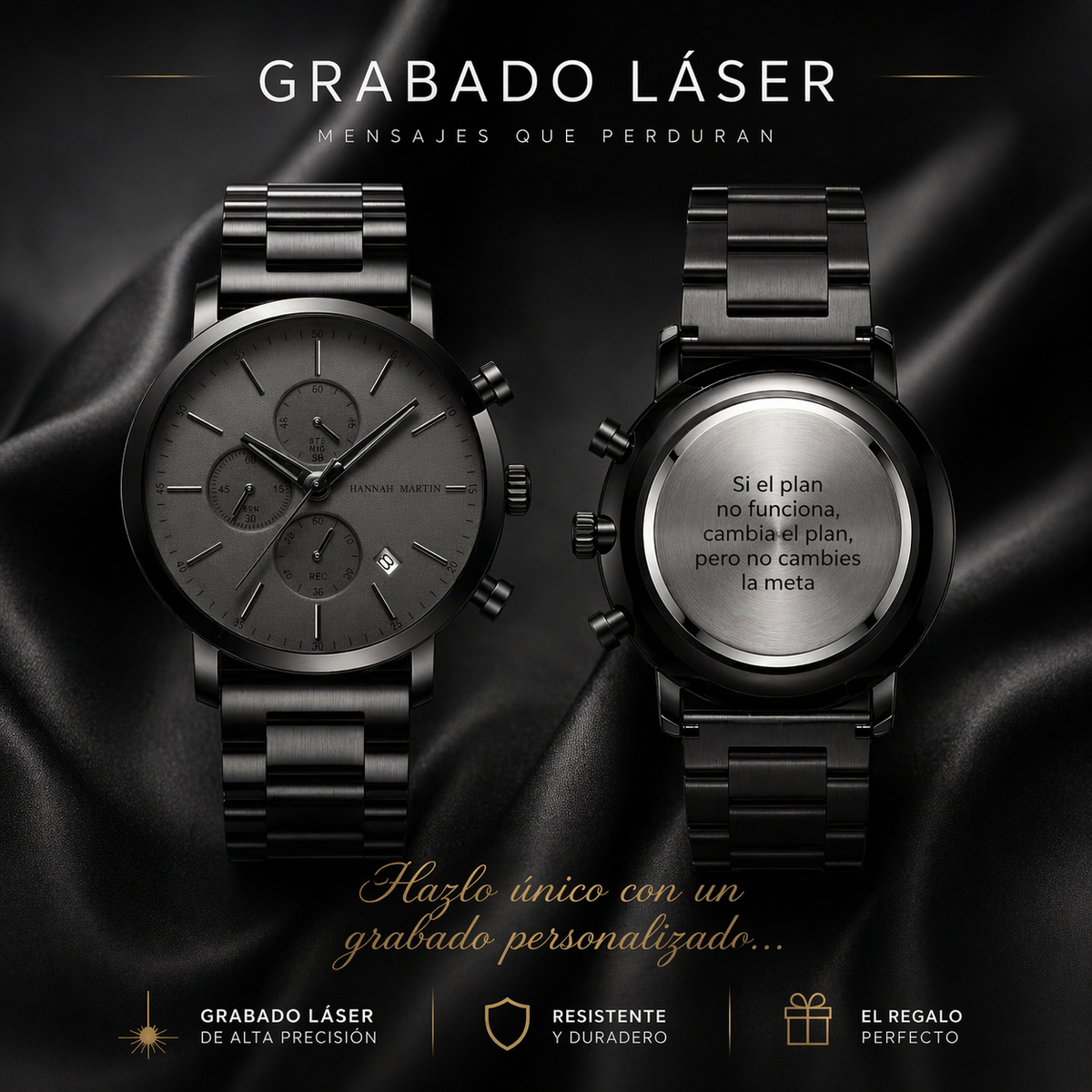 Reloj Hannah Martin negro con grabado láser personalizado en tapa posterior, regalo elegante para hombre en Perú