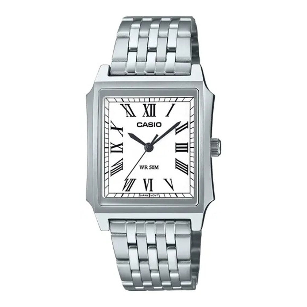 Casio MTP‑B190D‑7B blanco, vista frontal de esfera rectangular y correa de acero
