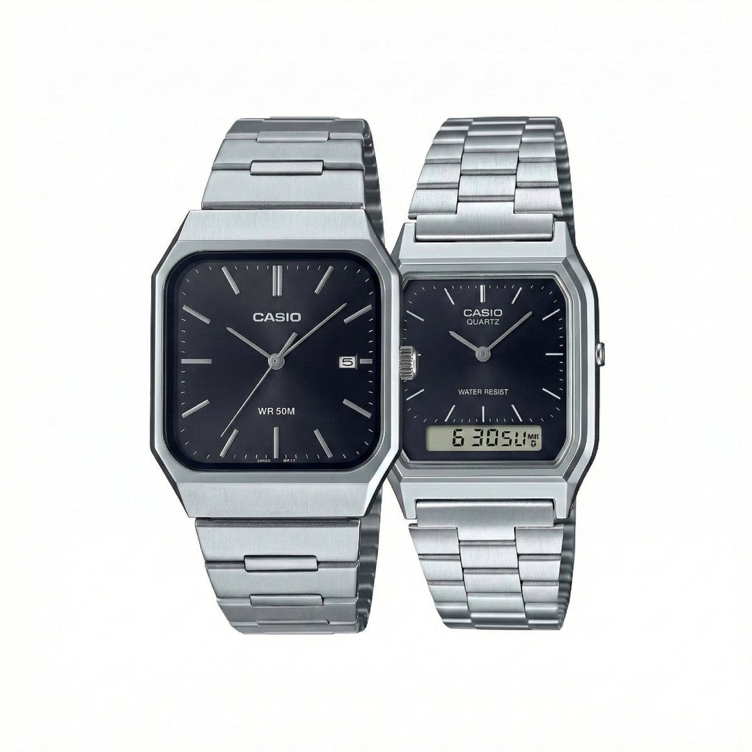 Relojes Casio de pareja plateados con esfera negra analógica y digital