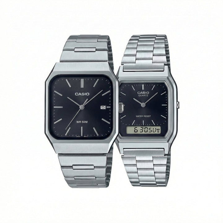 Relojes Casio de pareja plateados con esfera negra analógica y digital