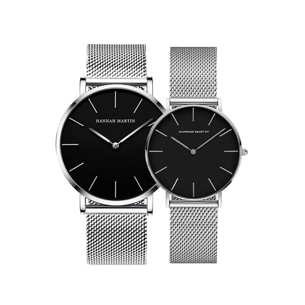 Par de relojes Hannah Martin HM-152 con esfera negra y malla milanesa plateada