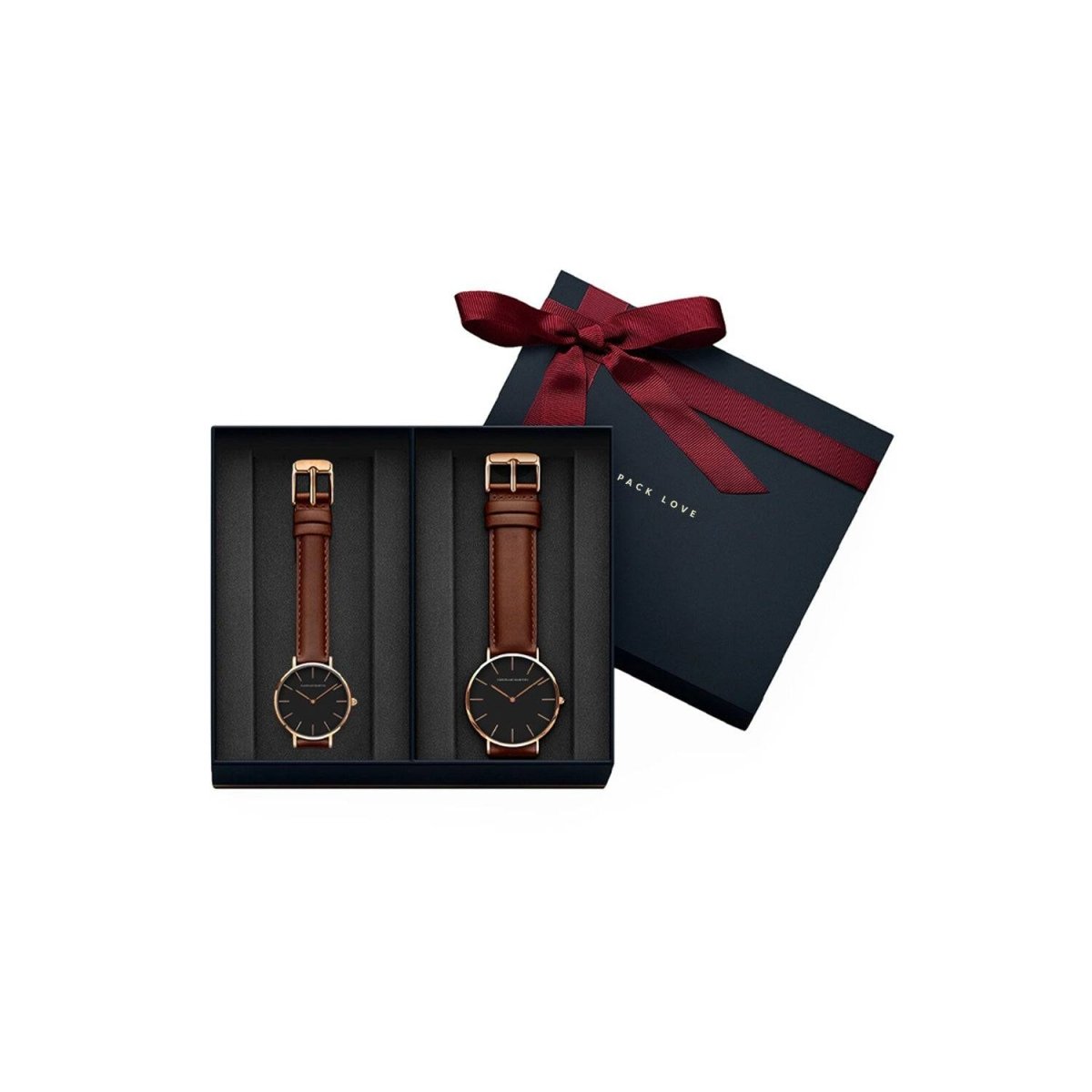 Relojes de pareja Hannah Martin con correas de cuero marrón en caja de regalo