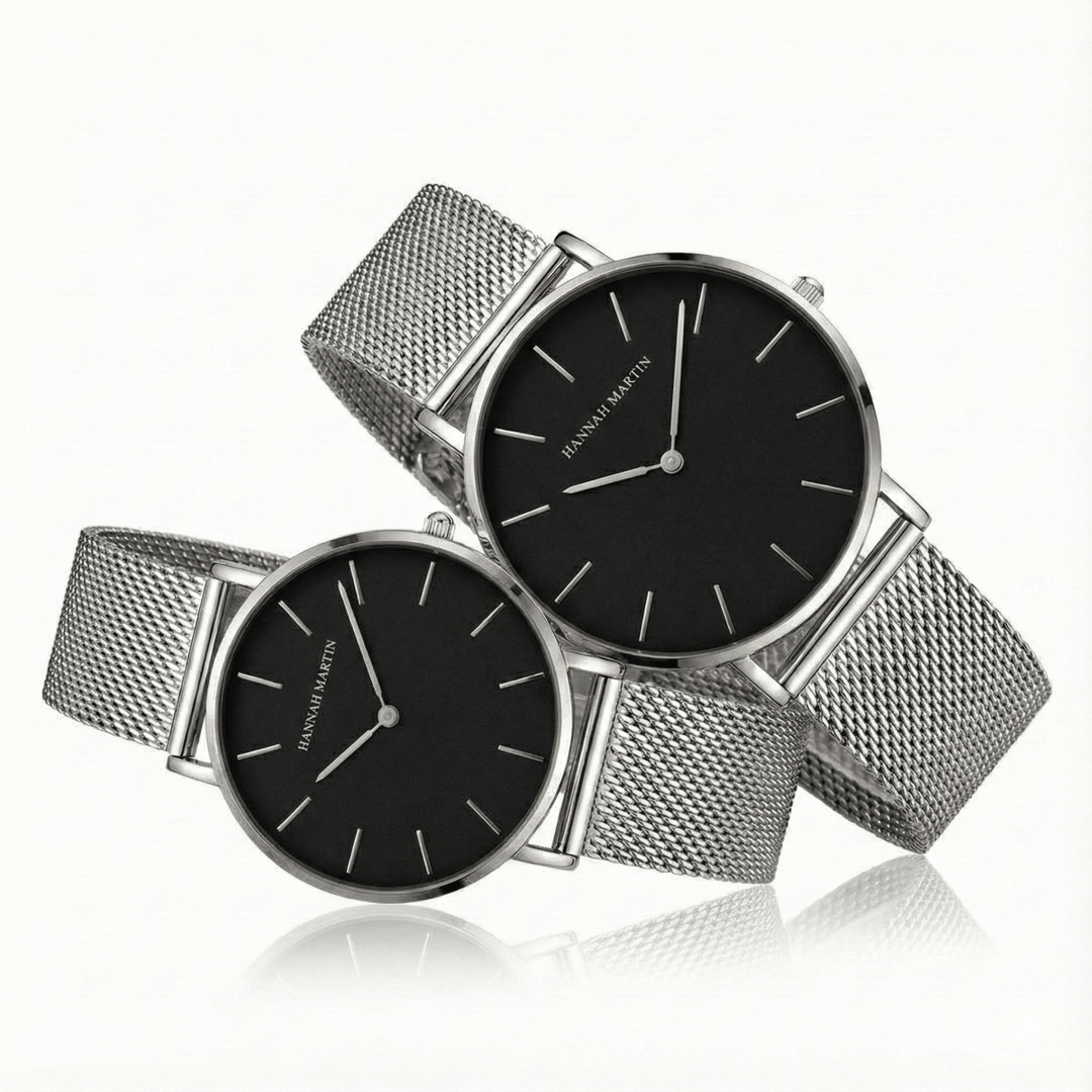 Relojes de pareja Hannah Martin plateados con esfera negra y malla milanesa