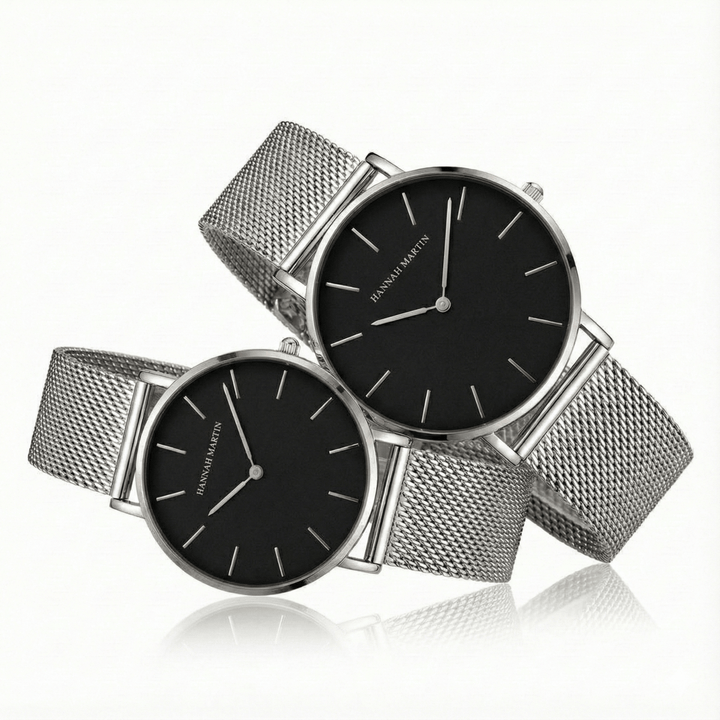 Relojes de pareja Hannah Martin plateados con esfera negra y malla milanesa