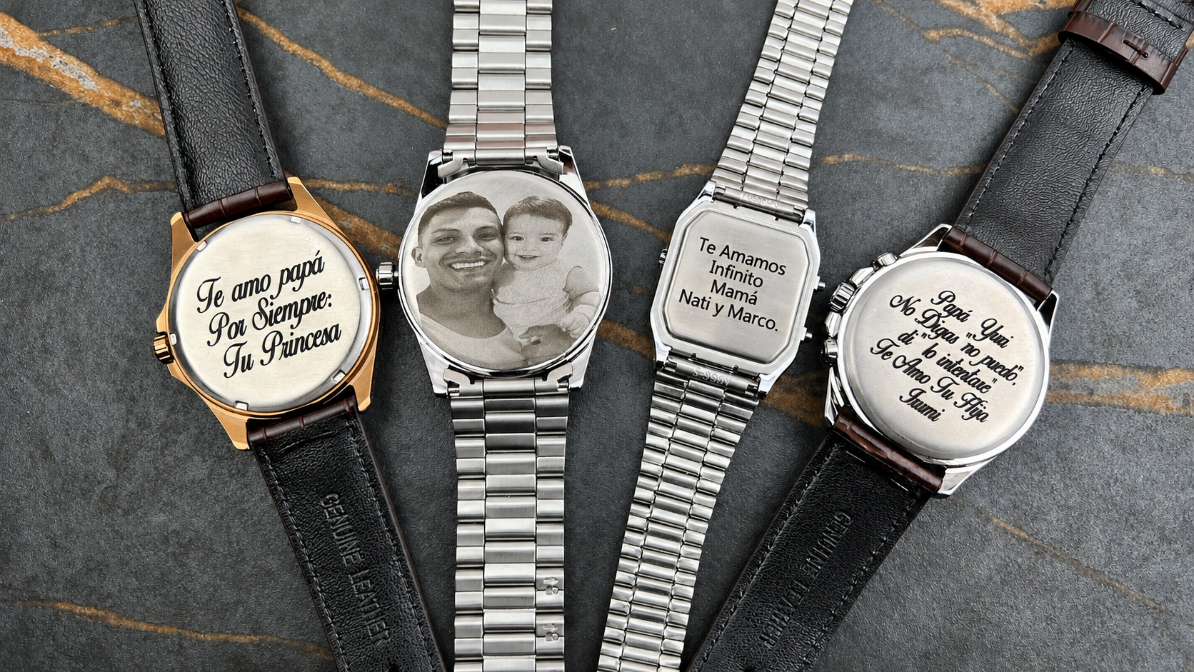 Relojes personalizados con grabado láser y fotograbado en tapas, mensajes especiales en Jherr Perú
