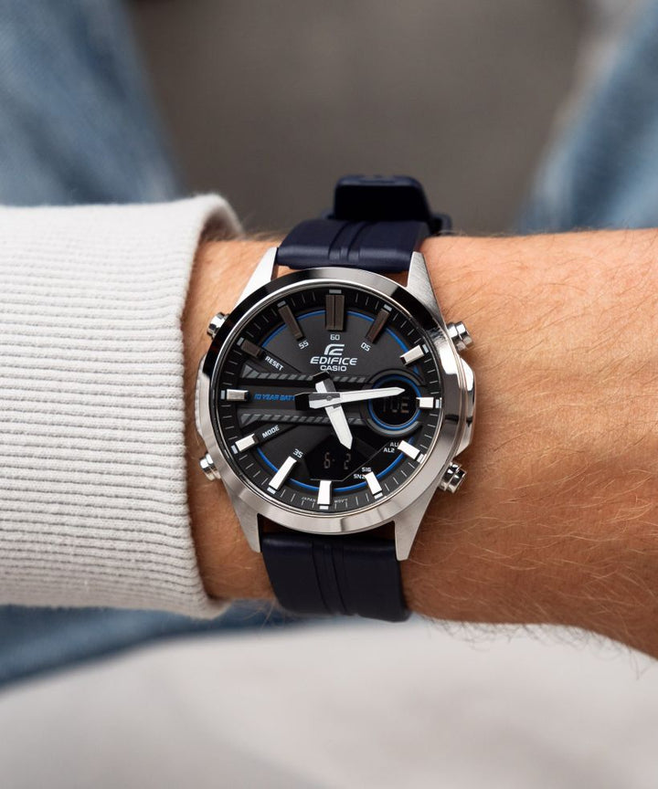 Reloj Casio Edifice EFV-C120P-1A2 analógico digital negro para hombre original - detalle de esfera caja y brazalete | Jherr Perú