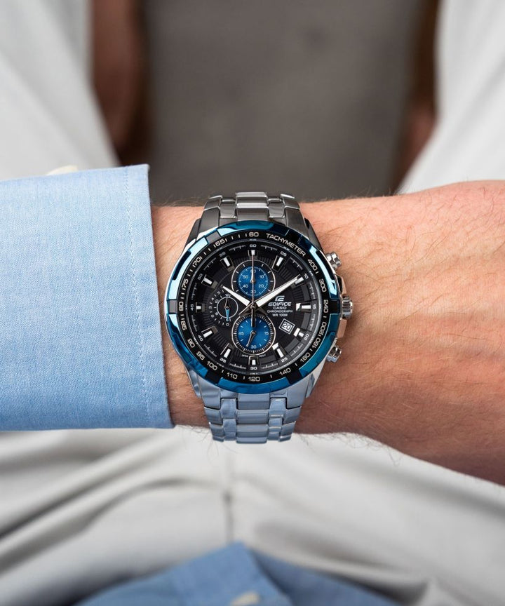 Reloj Casio Edifice EF-539D-1A2 cronógrafo negro para hombre original - detalle de esfera caja y brazalete | Jherr Perú