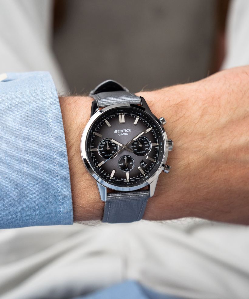 Reloj Casio Edifice EFR-575C-8A cronógrafo gris para hombre original - detalle de esfera caja y brazalete | Jherr Perú