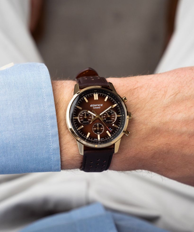 Reloj Casio Edifice EFR-575CL-5A cronógrafo marrón para hombre original - detalle de esfera caja y brazalete | Jherr Perú
