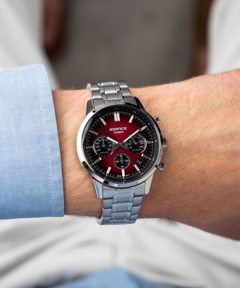 Reloj Casio Edifice EFR-575D-4A cronógrafo rojo para hombre original - detalle de esfera caja y brazalete | Jherr Perú