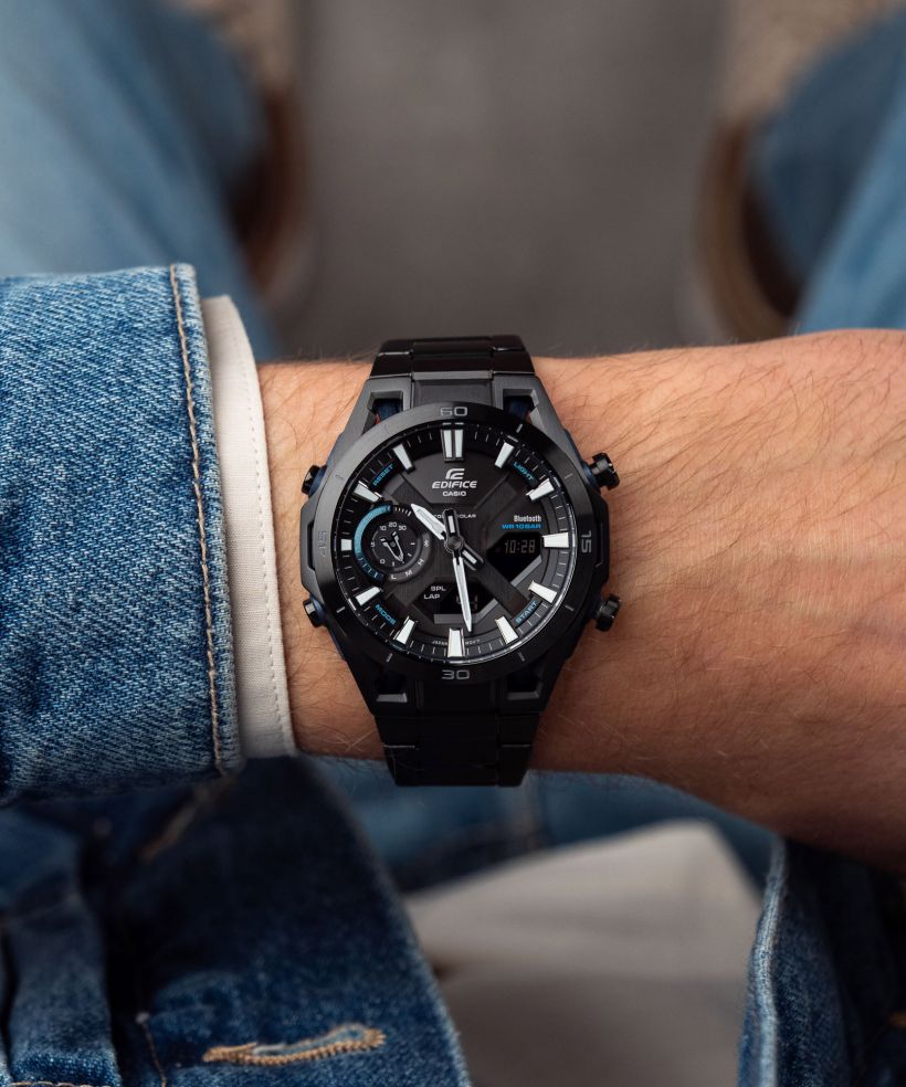 Reloj Casio Edifice ECB-2300DC-1A bluetooth negro para hombre original - detalle de esfera caja y brazalete | Jherr Perú