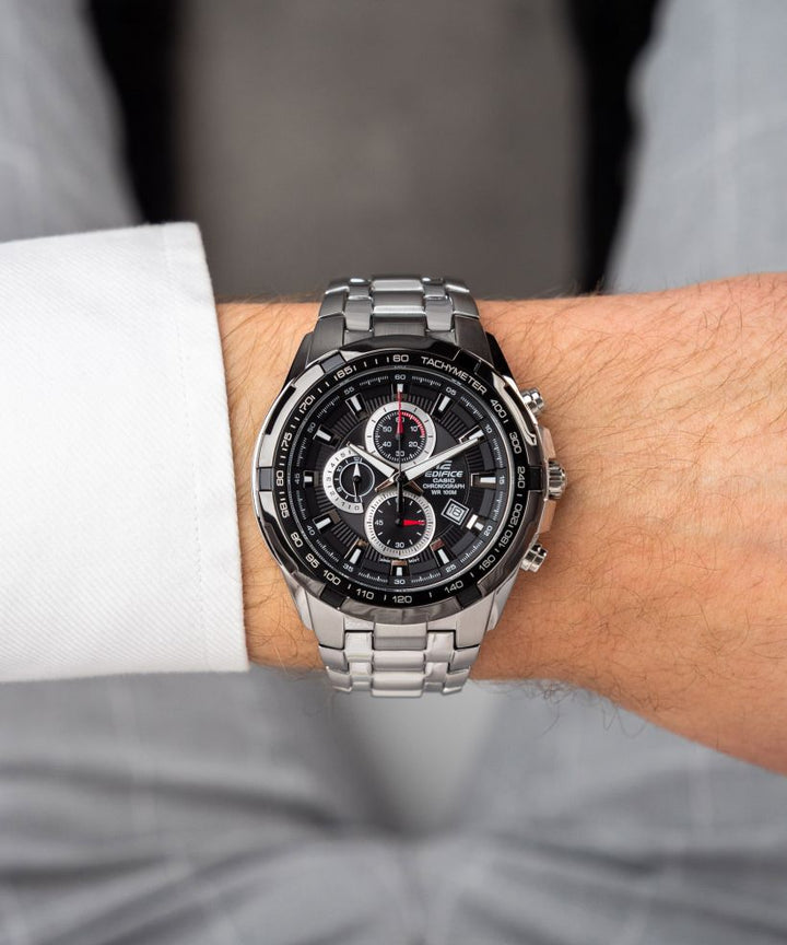 Reloj Casio Edifice EF-539D-1A cronógrafo negro para hombre original - detalle de esfera caja y brazalete | Jherr Perú