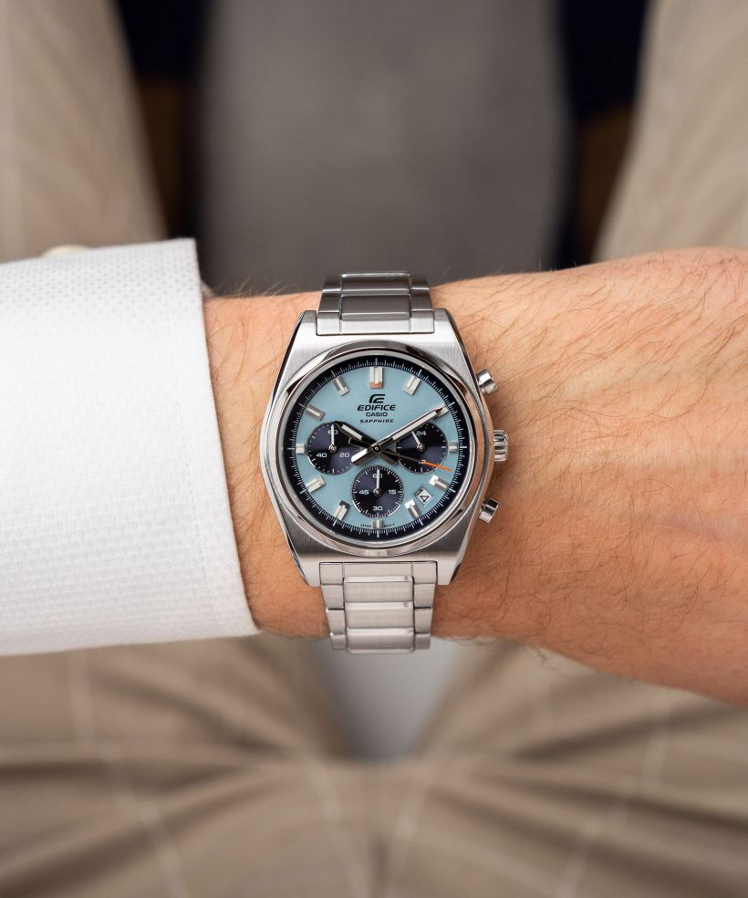 Reloj Casio Edifice EFB-730D-2B cronógrafo azul para hombre original - detalle de esfera caja y brazalete | Jherr Perú