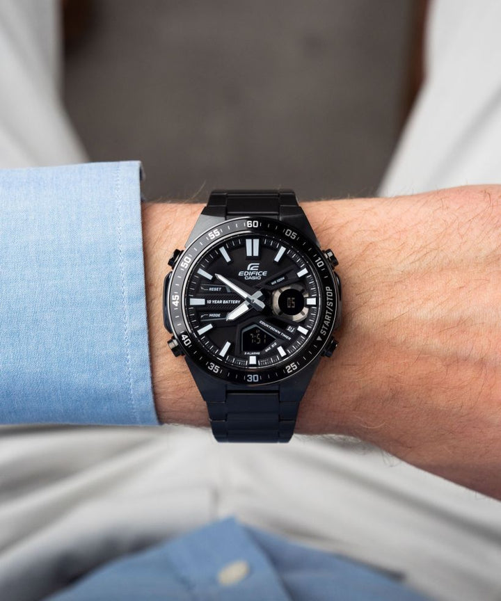 Reloj Casio Edifice EFV-C110DC-1A analógico digital negro para hombre original - detalle de esfera caja y brazalete | Jherr Perú