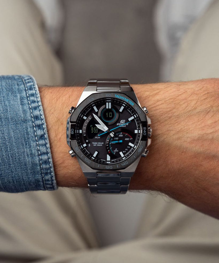 Reloj Casio Edifice ECB-950DB-1A bluetooth negro para hombre original - detalle de esfera caja y brazalete | Jherr Perú