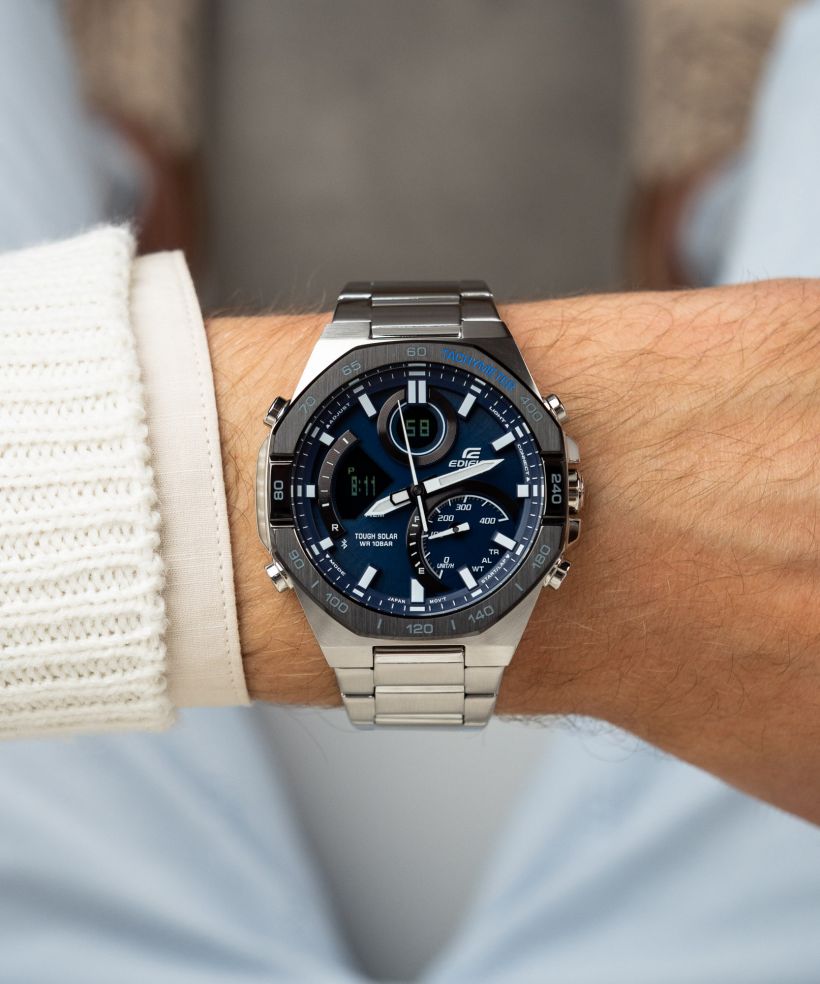 Reloj Casio Edifice ECB-950DB-2A bluetooth azul para hombre original - detalle de esfera caja y brazalete | Jherr Perú