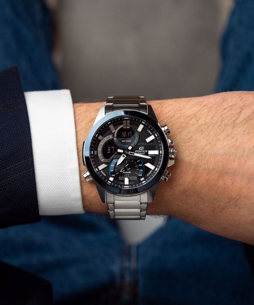 Reloj Casio Edifice ECB-30DB-1A bluetooth negro para hombre original - detalle de esfera caja y brazalete | Jherr Perú