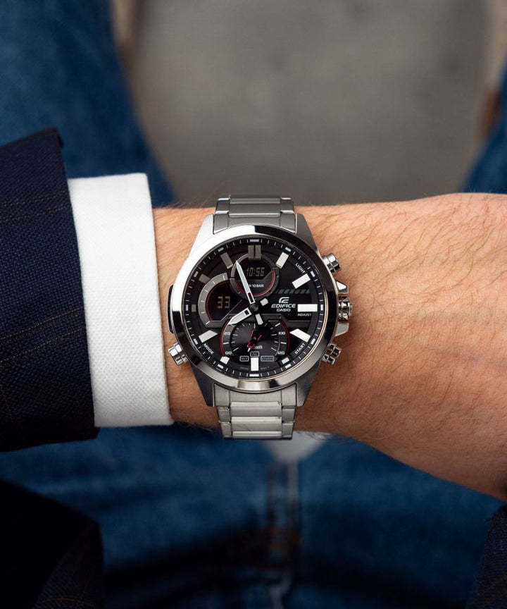 Reloj Casio Edifice ECB-30D-1A bluetooth negro para hombre original - detalle de esfera caja y brazalete | Jherr Perú