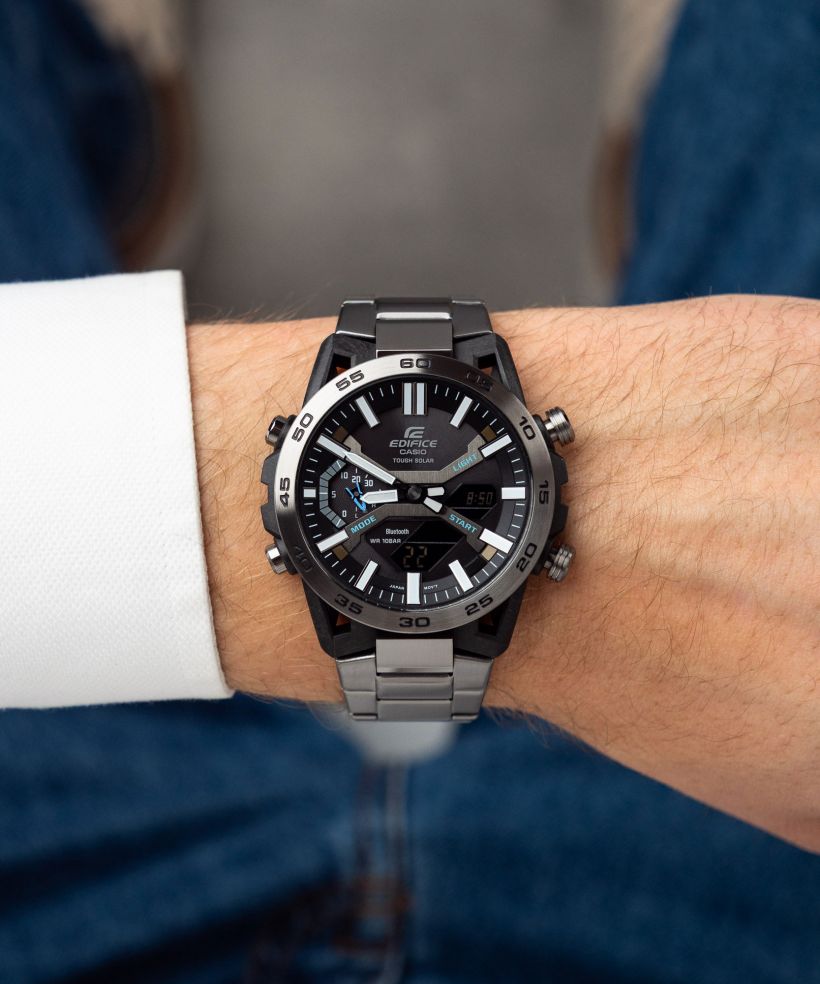 Reloj Casio Edifice ECB-2000DC-1A bluetooth negro para hombre original - detalle de esfera caja y brazalete | Jherr Perú