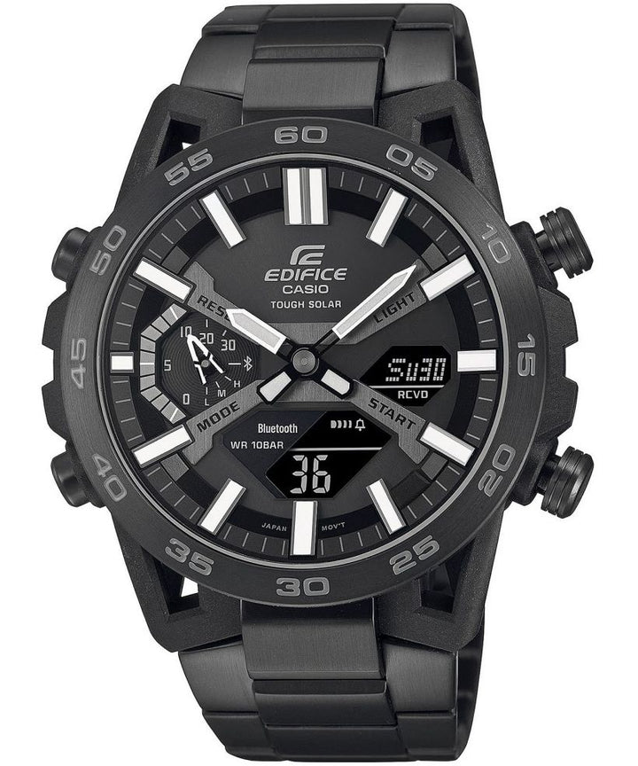 Reloj Casio Edifice ECB-2000DC-1B bluetooth solar negro para hombre original - detalle de esfera caja y brazalete | Jherr Perú