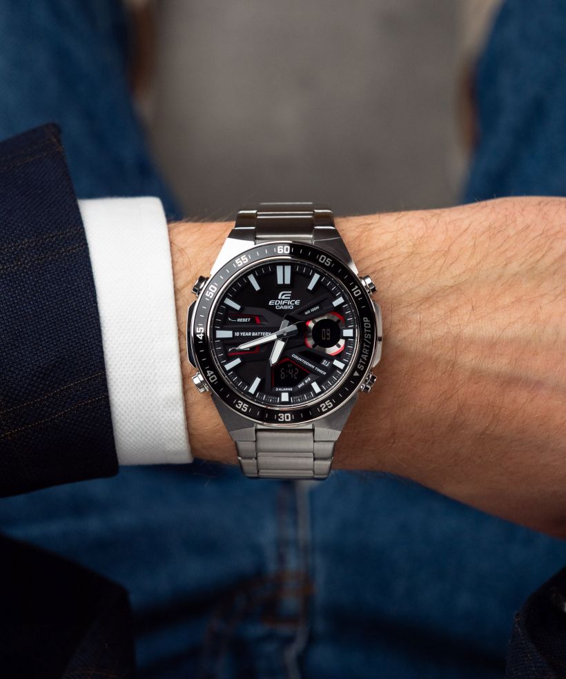 Reloj Casio Edifice EFV-C110D-1A4 analógico digital negro para hombre original - detalle de esfera caja y brazalete | Jherr Perú