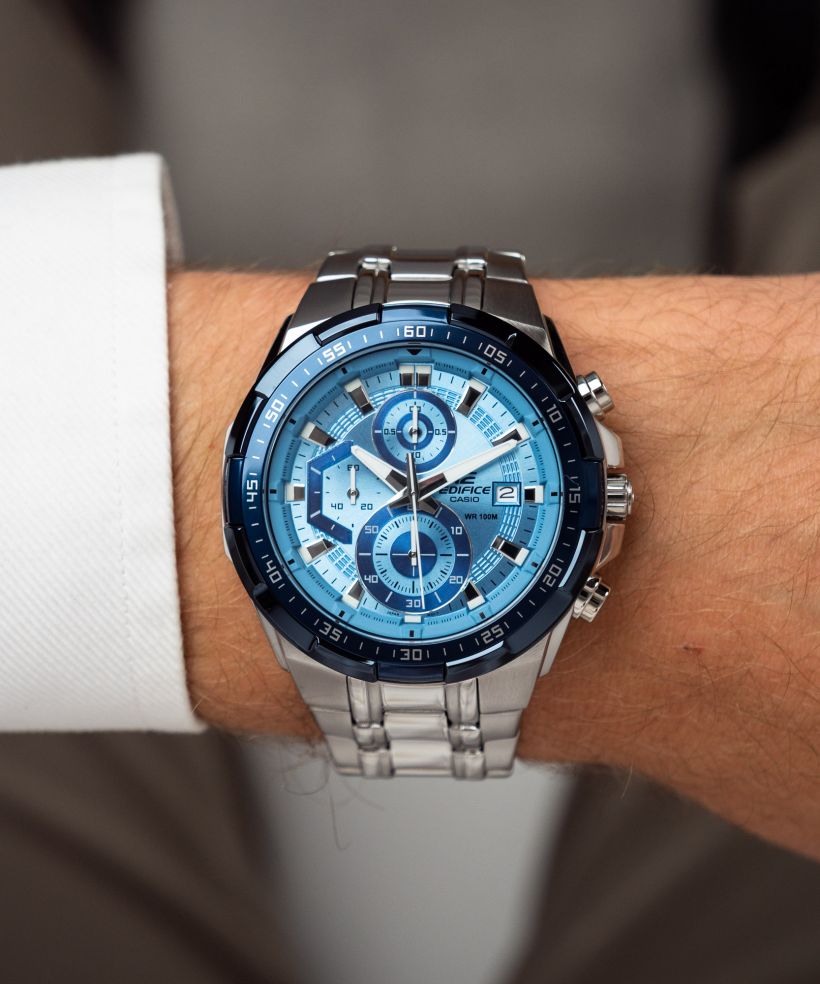 Reloj Casio Edifice EFR-539DE-2A cronógrafo azul para hombre original - detalle de esfera caja y brazalete | Jherr Perú
