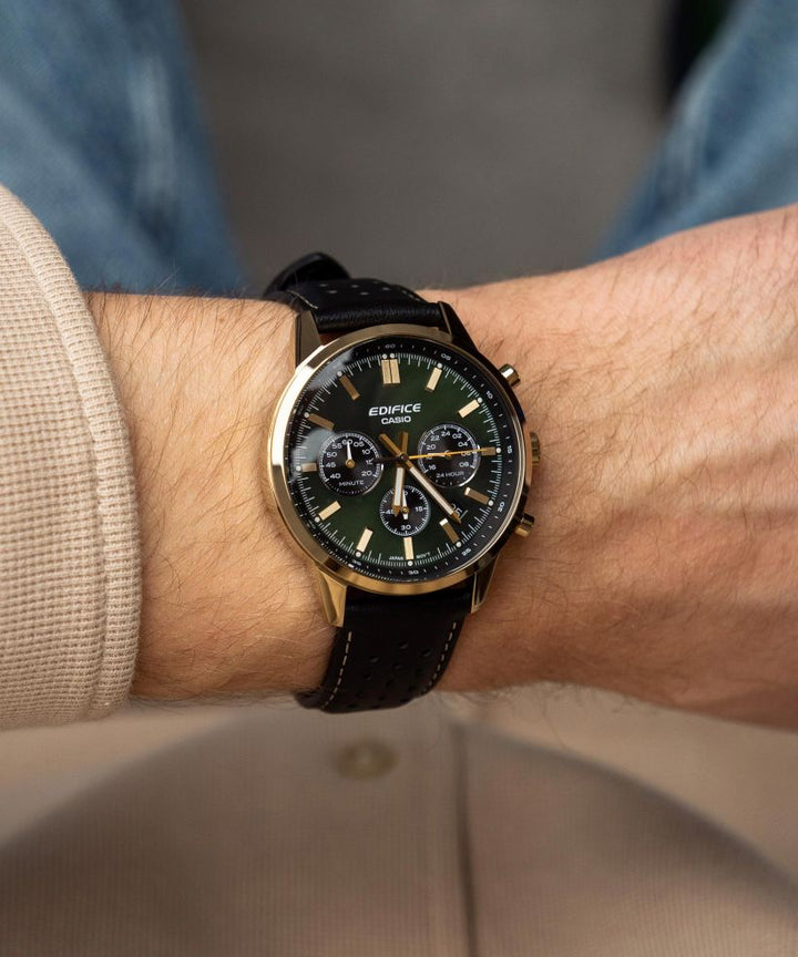Reloj Casio Edifice EFR-575CL-3A cronógrafo verde para hombre original - detalle de esfera caja y brazalete | Jherr Perú