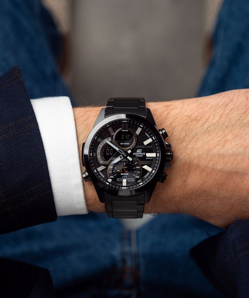 Reloj Casio Edifice ECB-30DC-1A bluetooth negro para hombre original - detalle de esfera caja y brazalete | Jherr Perú