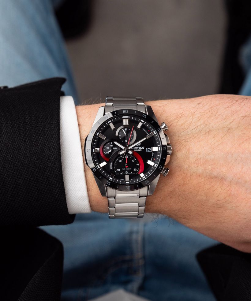 Reloj Casio Edifice EFR-571DB-1A1 cronógrafo negro para hombre original - detalle de esfera caja y brazalete | Jherr Perú