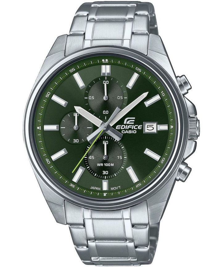 Reloj Casio Edifice EFV-610D-3C acero 100m verde para hombre original - detalle de esfera caja y brazalete | Jherr Perú