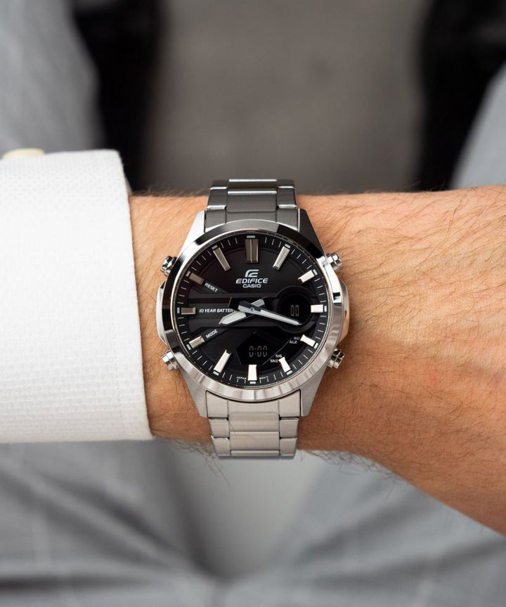 Reloj Casio Edifice EFV-C120D-1A analógico digital negro para hombre original - detalle de esfera caja y brazalete | Jherr Perú