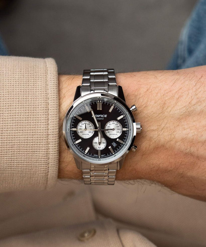 Reloj Casio Edifice EFR-575D-1A acero 100m negro para hombre original - detalle de esfera caja y brazalete | Jherr Perú