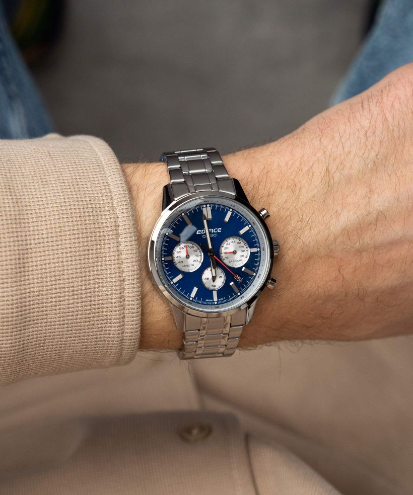 Reloj Casio Edifice EFR-575D-2A acero 100m azul para hombre original - detalle de esfera caja y brazalete | Jherr Perú