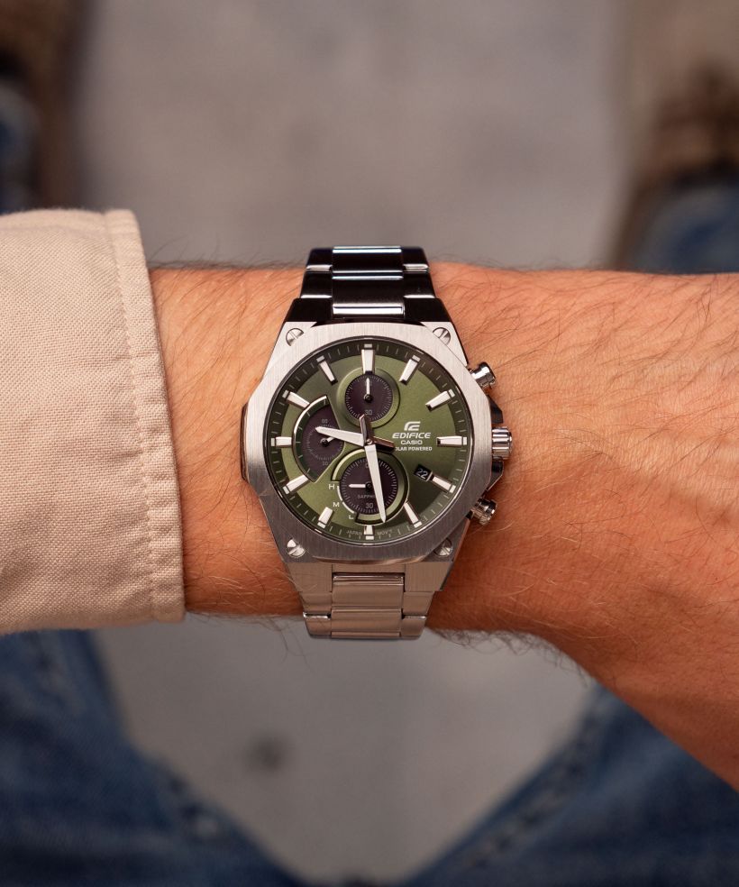 Reloj Casio Edifice EFS-S570D-3A solar zafiro verde para hombre original - detalle de esfera caja y brazalete | Jherr Perú