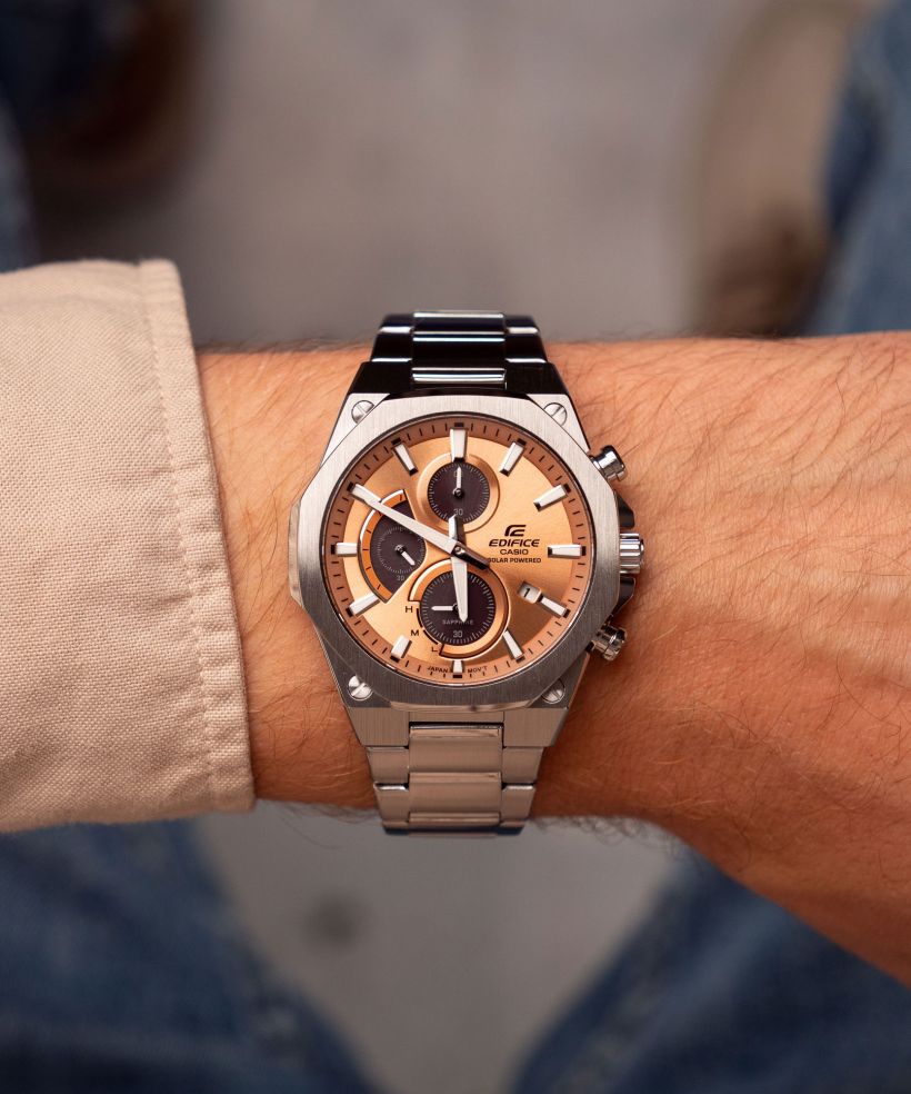 Reloj Casio Edifice EFS-S570D-5A solar zafiro marrón para hombre original - detalle de esfera caja y brazalete | Jherr Perú