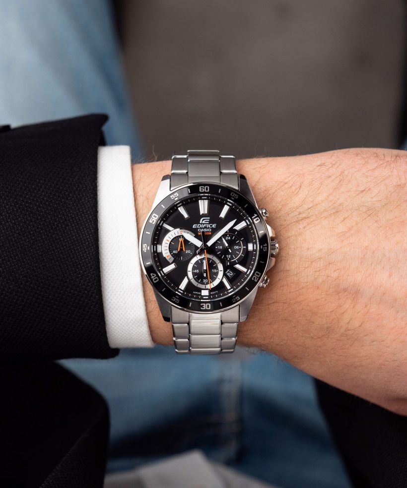 Reloj Casio Edifice EFV-570D-1A cronógrafo negro para hombre original - detalle de esfera caja y brazalete | Jherr Perú