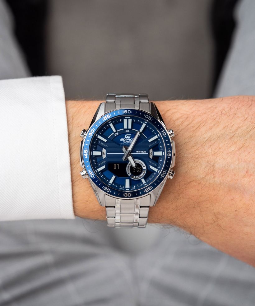 Reloj Casio Edifice EFV-C100D-2A analógico digital azul para hombre original - detalle de esfera caja y brazalete | Jherr Perú