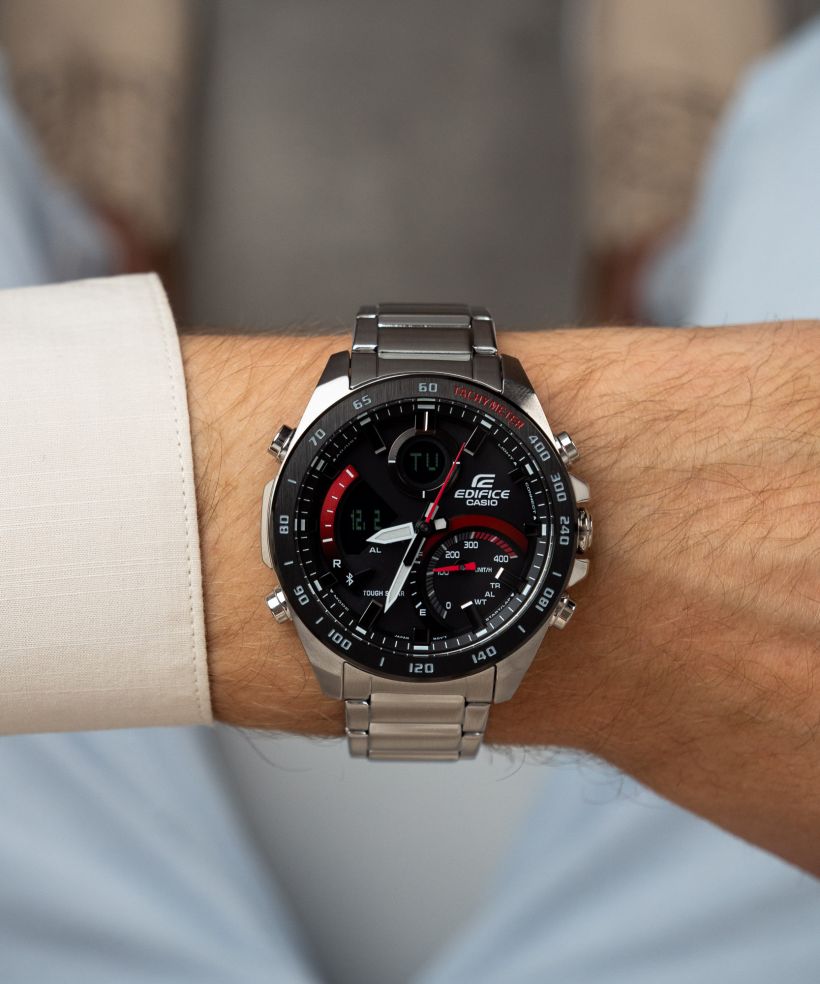Reloj Casio Edifice ECB-900DB-1A bluetooth solar negro para hombre original - detalle de esfera caja y brazalete | Jherr Perú