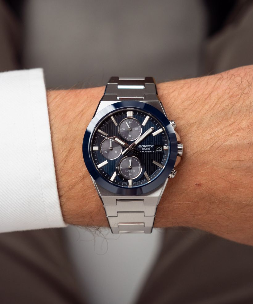 Reloj Casio Edifice EFS-S650D-2A solar zafiro azul para hombre original - detalle de esfera caja y brazalete | Jherr Perú