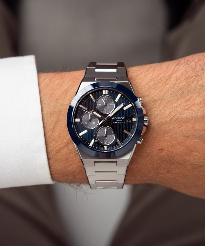 Reloj Casio Edifice EFS-S650D-2A solar zafiro azul para hombre original - detalle de esfera caja y brazalete | Jherr Perú