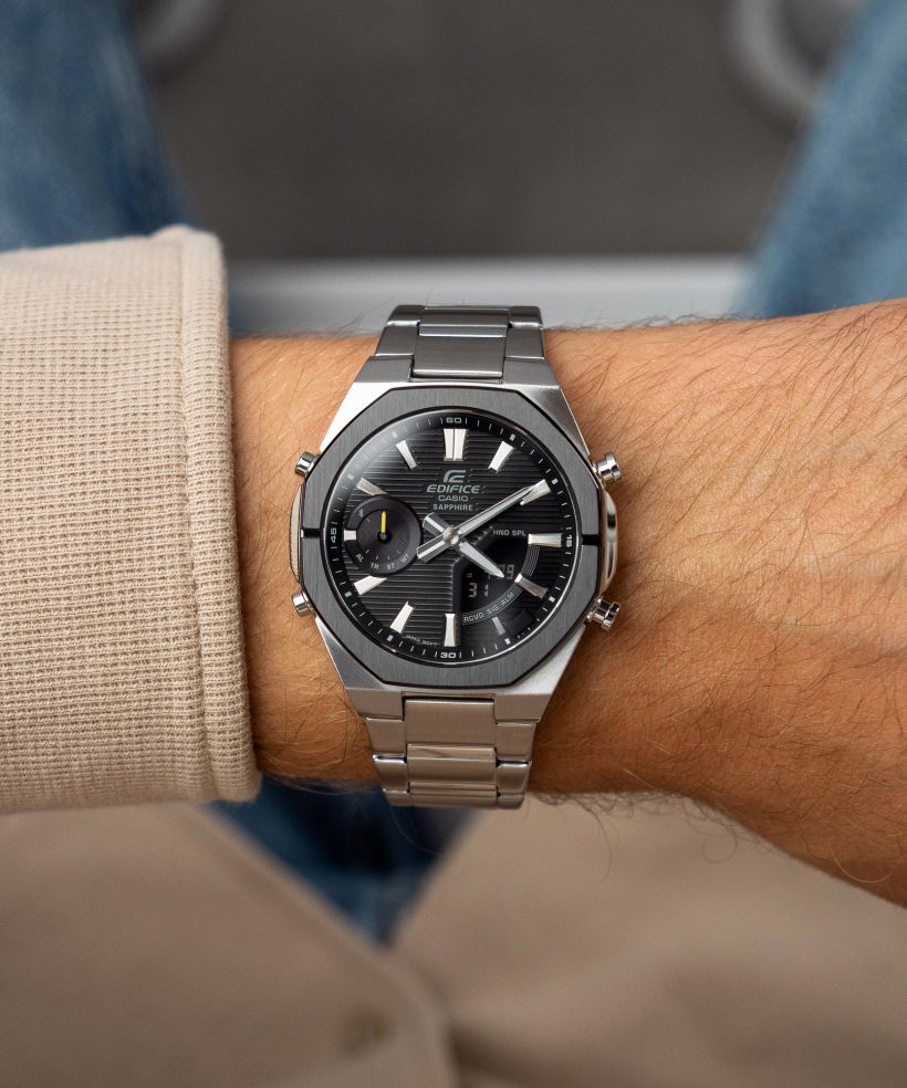 Reloj Casio Edifice ECB-S10DB-1A bluetooth negro para hombre original - detalle de esfera caja y brazalete | Jherr Perú