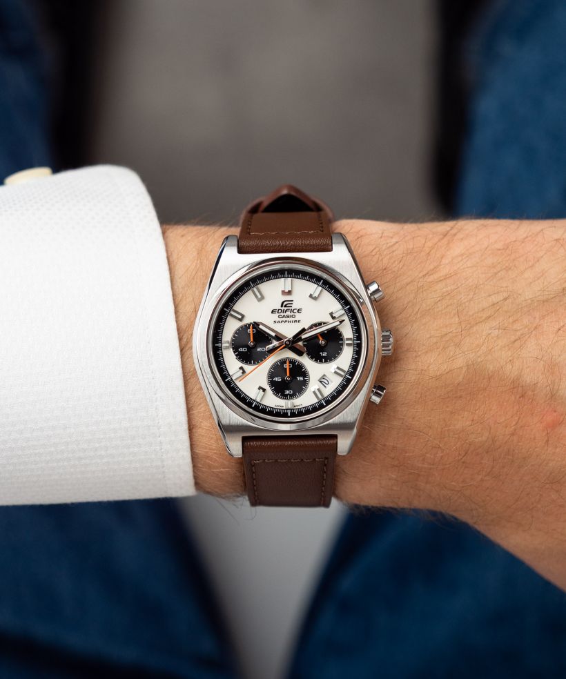 Reloj Casio Edifice EFB-730L-7A cronógrafo blanco para hombre original - detalle de esfera caja y brazalete | Jherr Perú