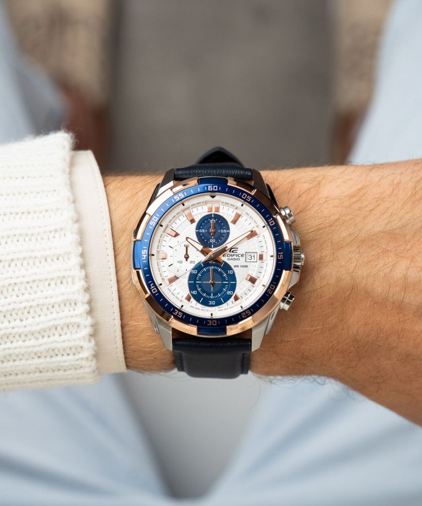 Reloj Casio Edifice EFR-539L-7C cronógrafo blanco para hombre original - detalle de esfera caja y brazalete | Jherr Perú