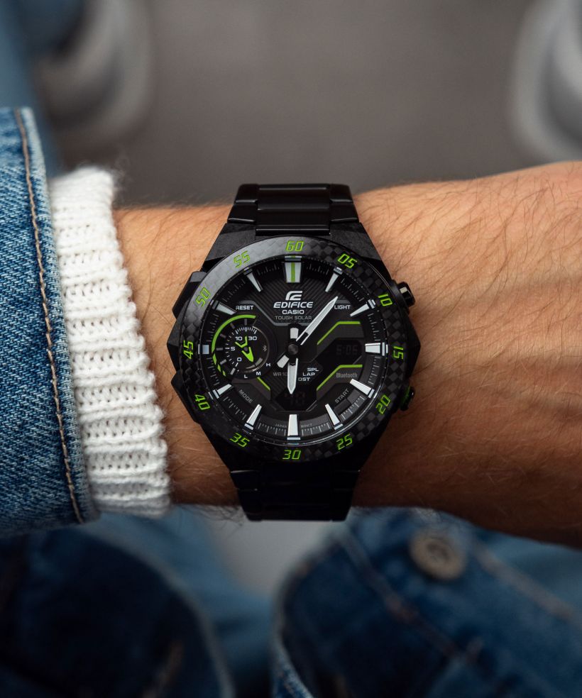 Reloj Casio Edifice ECB-2200RC-1A3 bluetooth solar negro para hombre original - detalle de esfera caja y brazalete | Jherr Perú
