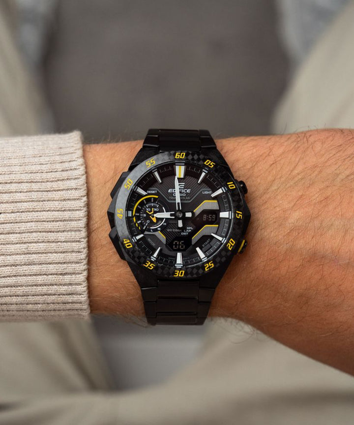 Reloj Casio Edifice ECB-2200RC-1A9 bluetooth solar negro para hombre original - detalle de esfera caja y brazalete | Jherr Perú