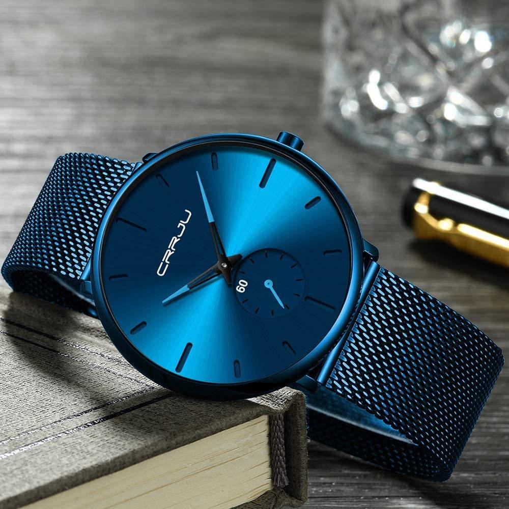 Reloj CRRJU Azul Mesh Acero con Segundero - Diseño Contemporáneo 40mm - CRRJU en Perú | Jherr Jewelry