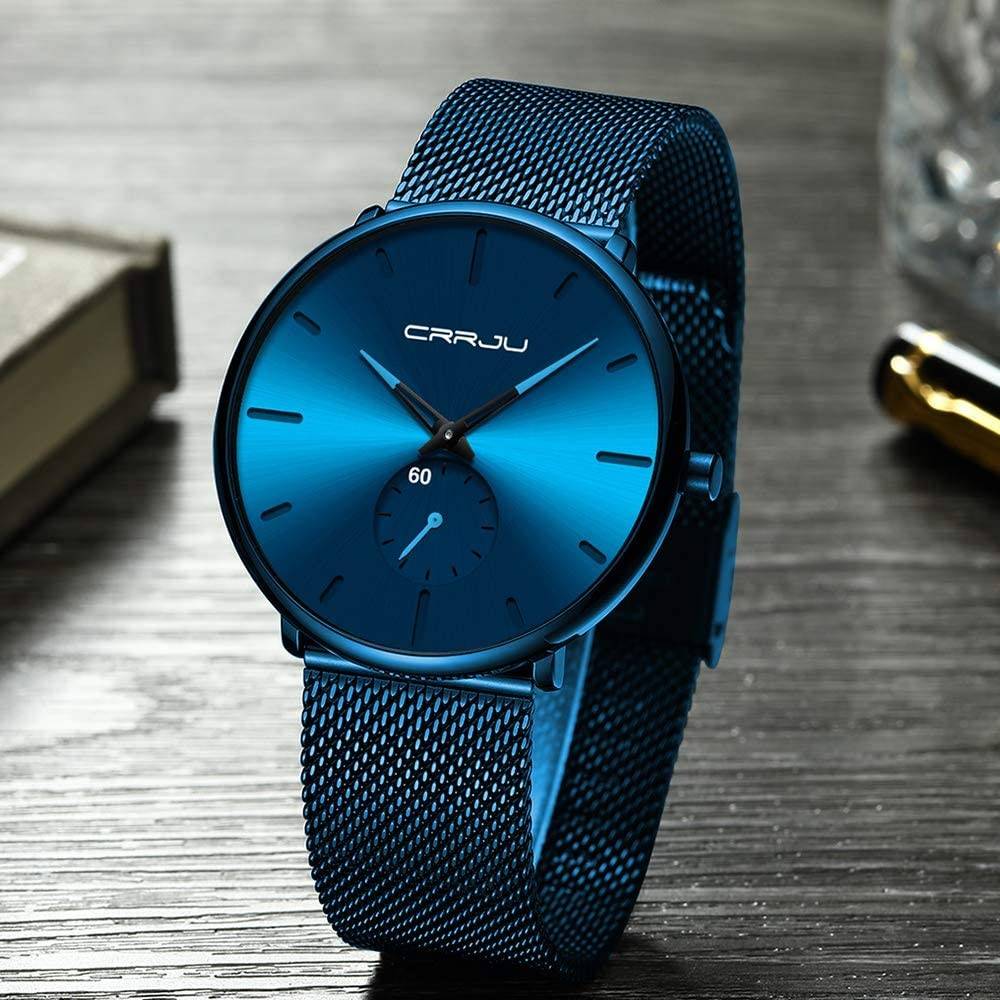 Reloj CRRJU Azul Mesh Acero con Segundero - Diseño Contemporáneo 40mm - CRRJU en Perú | Jherr Jewelry