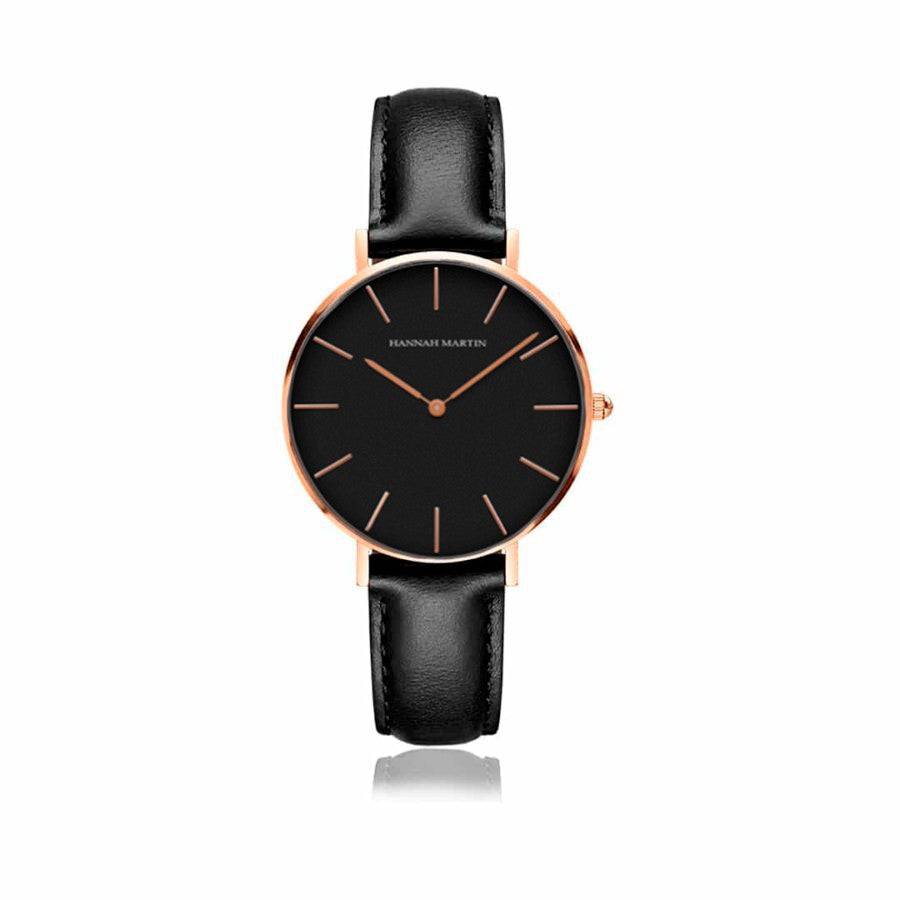 Reloj Hannah Martin Mujer Oro Rosa Correa Cuero Negro - Hannah Martin en Perú | Jherr Jewelry
