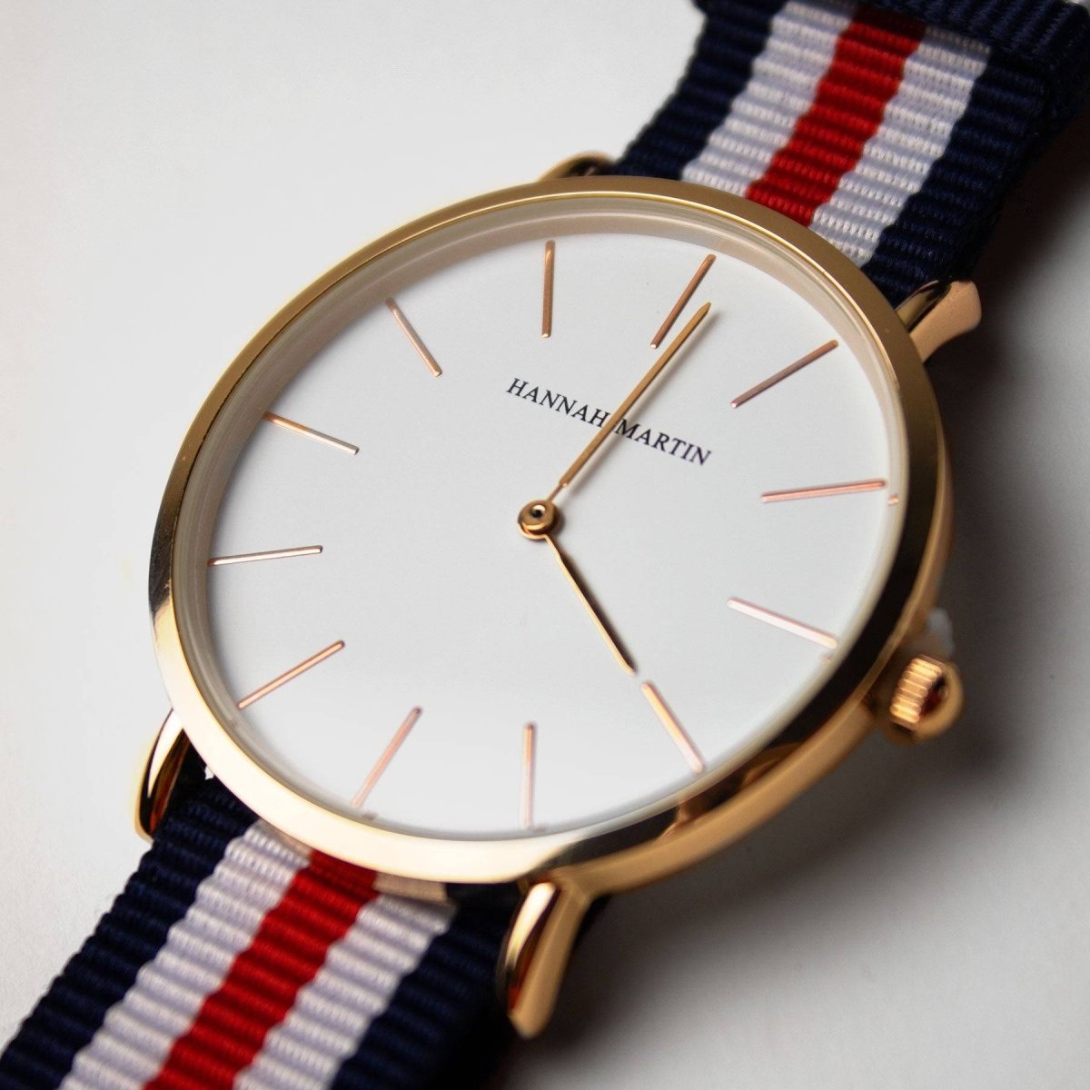 Reloj Hannah Martin Rose Gold Esfera Blanca con NATO Tricolor - Diseño Minimalista 40mm - Hannah Martin en Perú | Jherr Jewelry